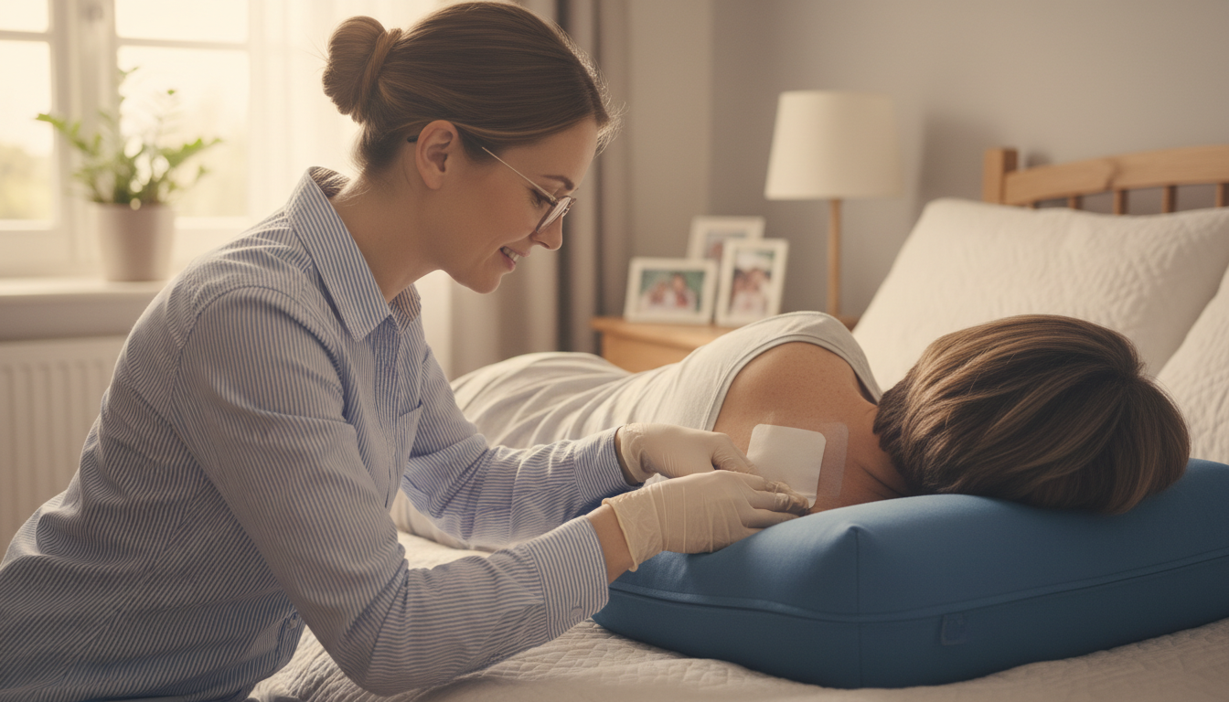 Pflegende Person versorgt Dekubitus am R&uuml;cken einer Patientin